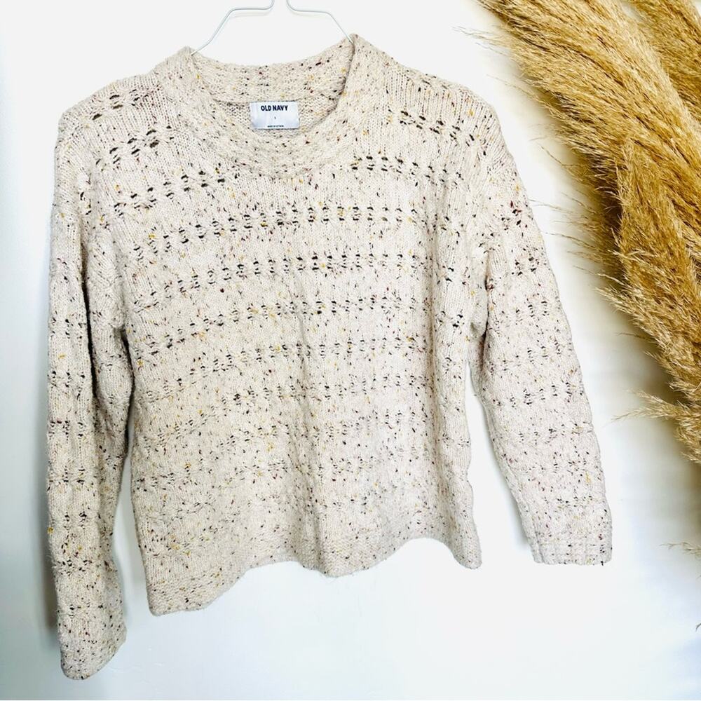 OLD NAVY White Multi Marled Chunky Knit Crew Neck Woven Crop Pullover Sweater S - Picture 6 of 8